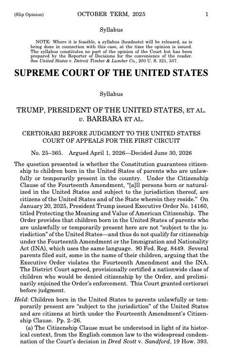 Cover page of SCOTUS decisions in Barbara v. Trump, birthright citizenship case